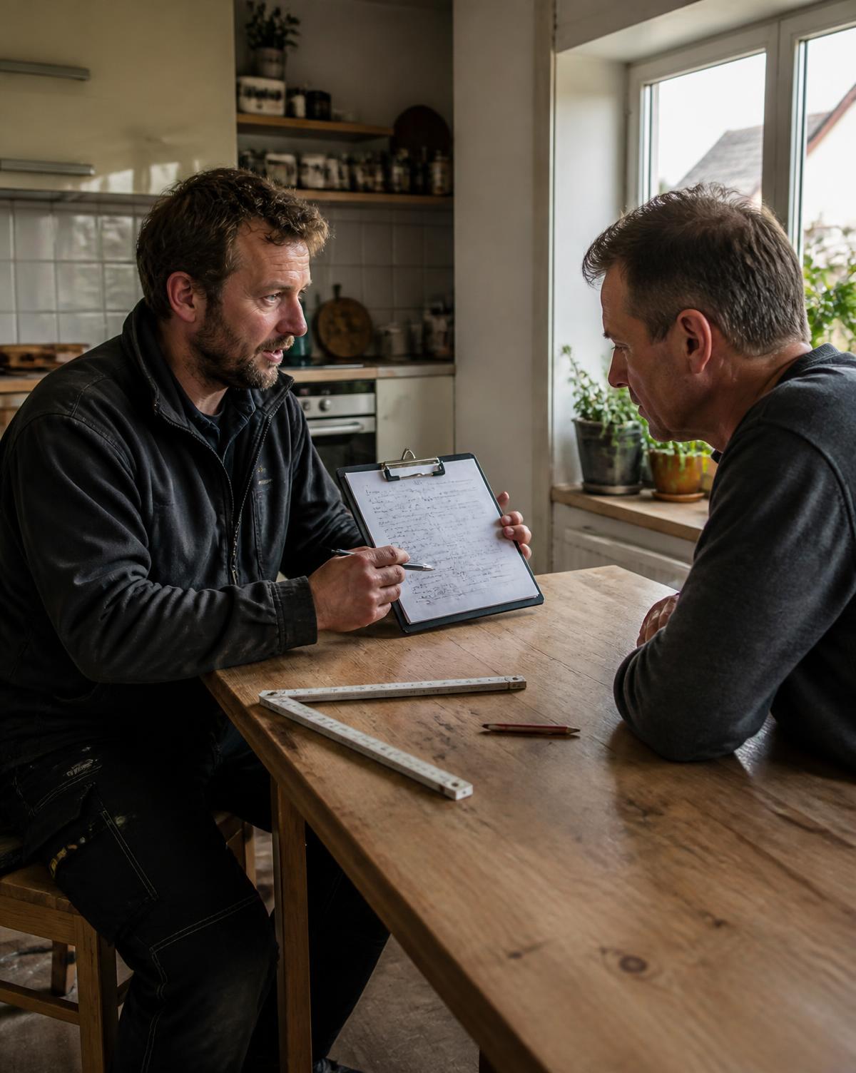 Handwerker erklärt einem Kunden am Küchentisch das Angebot