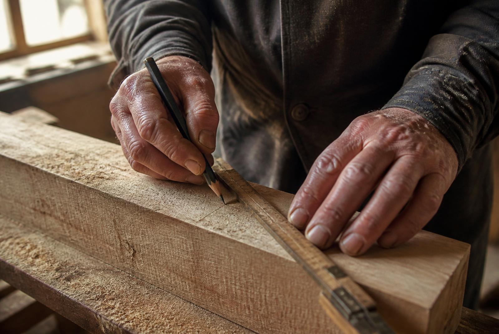Handwerker zeichnet mit Zollstock und Bleistift ein Maß auf einen Holzbalken an