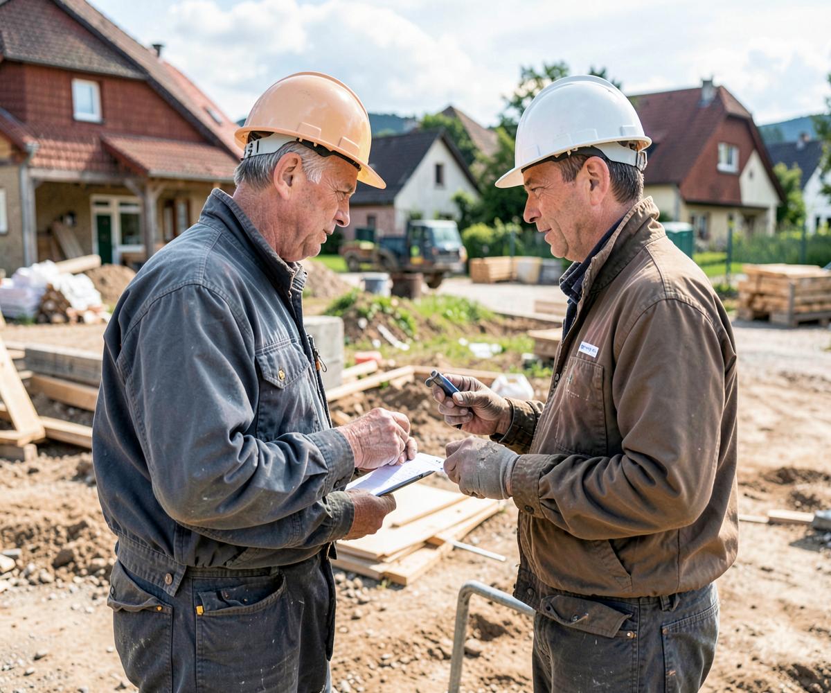Zwei Handwerker besprechen auf einer Baustelle im Vogelsberg die nächsten Arbeitsschritte